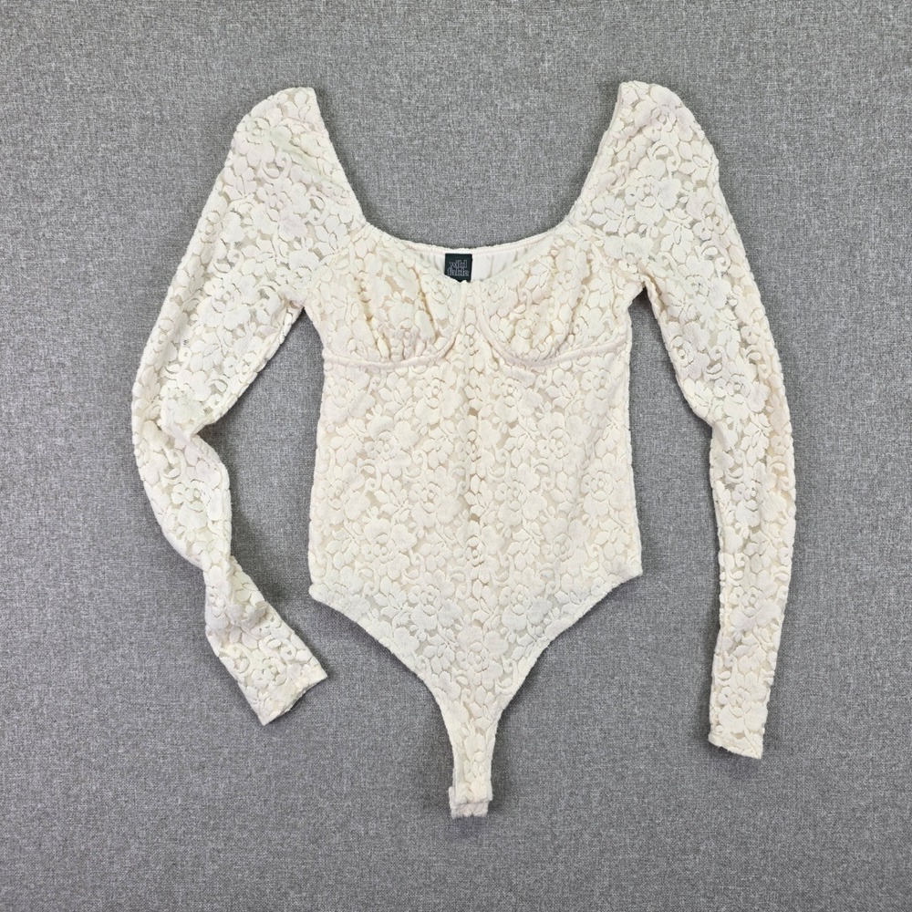 Womens XS Cream Floral Lace Bodysuit Sweetheart Neck Coquette Y2K